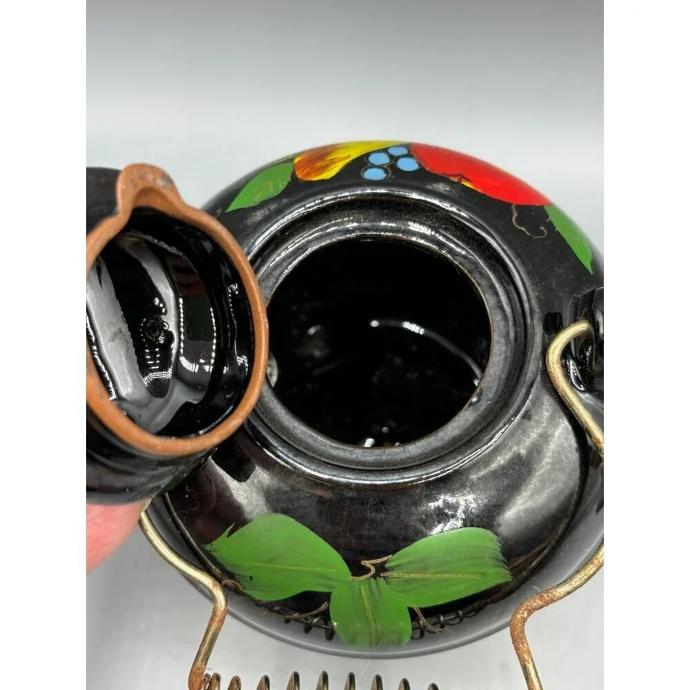 Vtg Wales Black Teapot With Hand Painted Fruit Design Coiled Metal‎ Handle